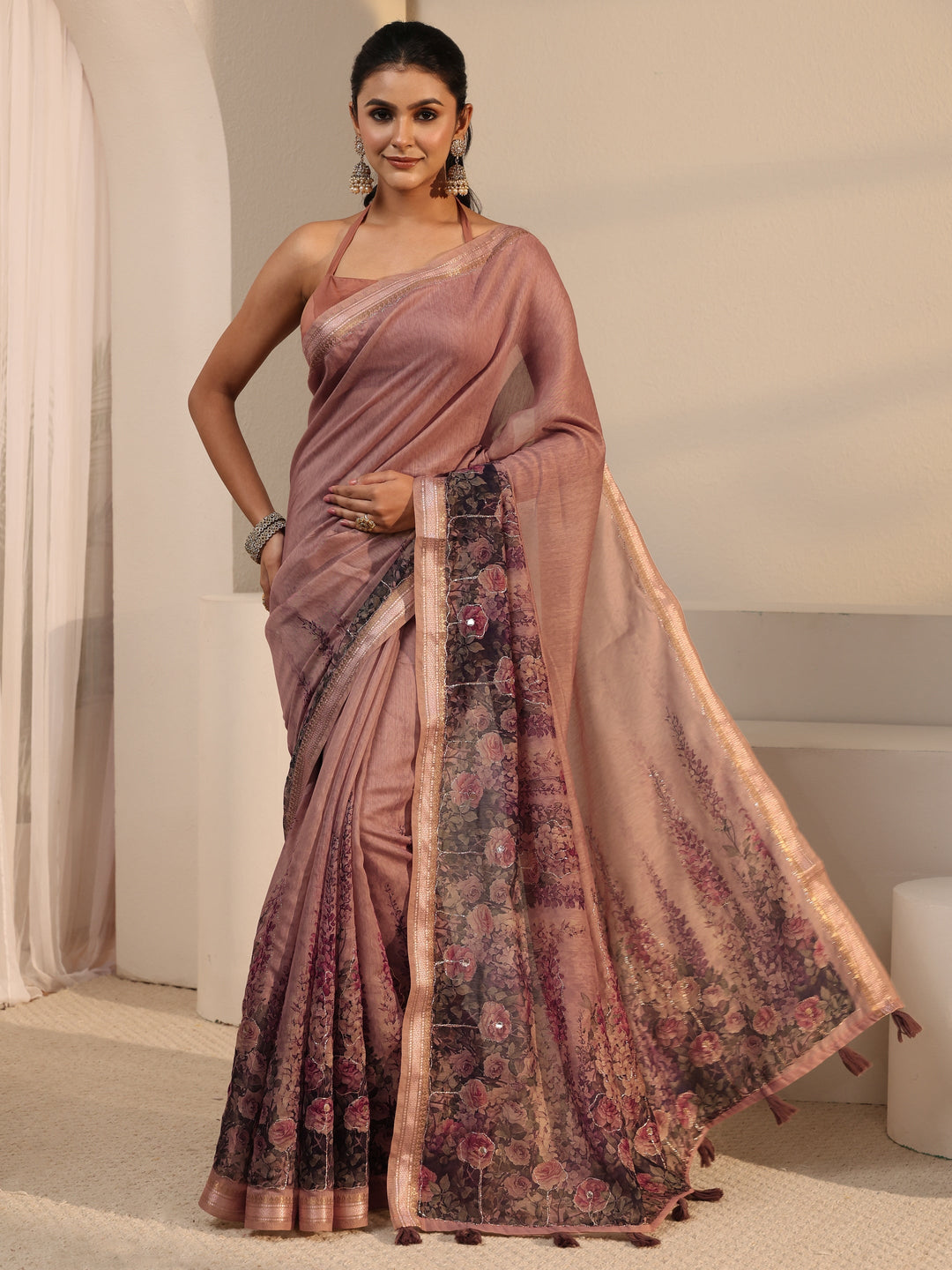  Libas Mauve Floral Printed Cotton Blend Tassel Saree 