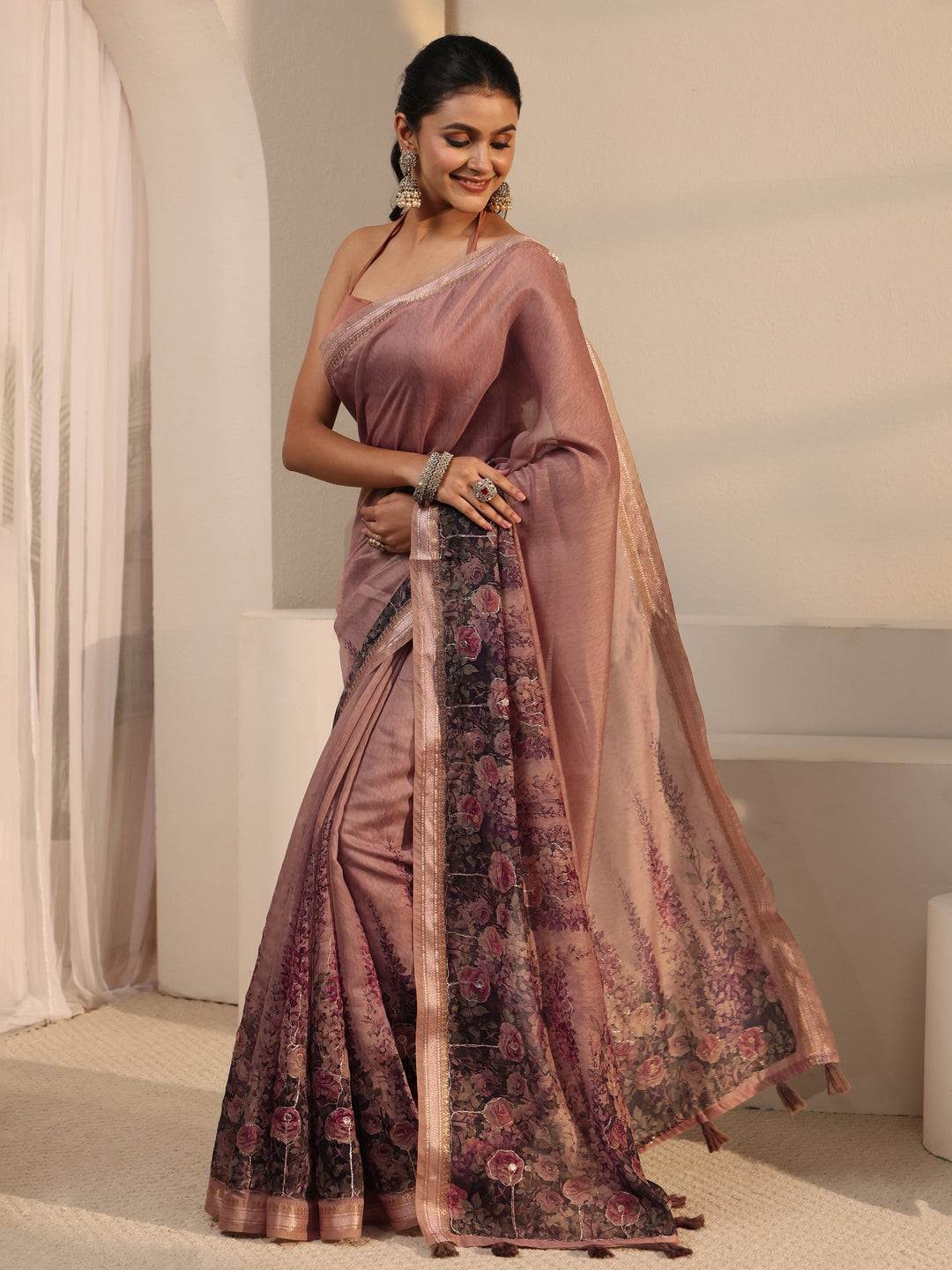  Libas Mauve Floral Printed Cotton Blend Tassel Saree 