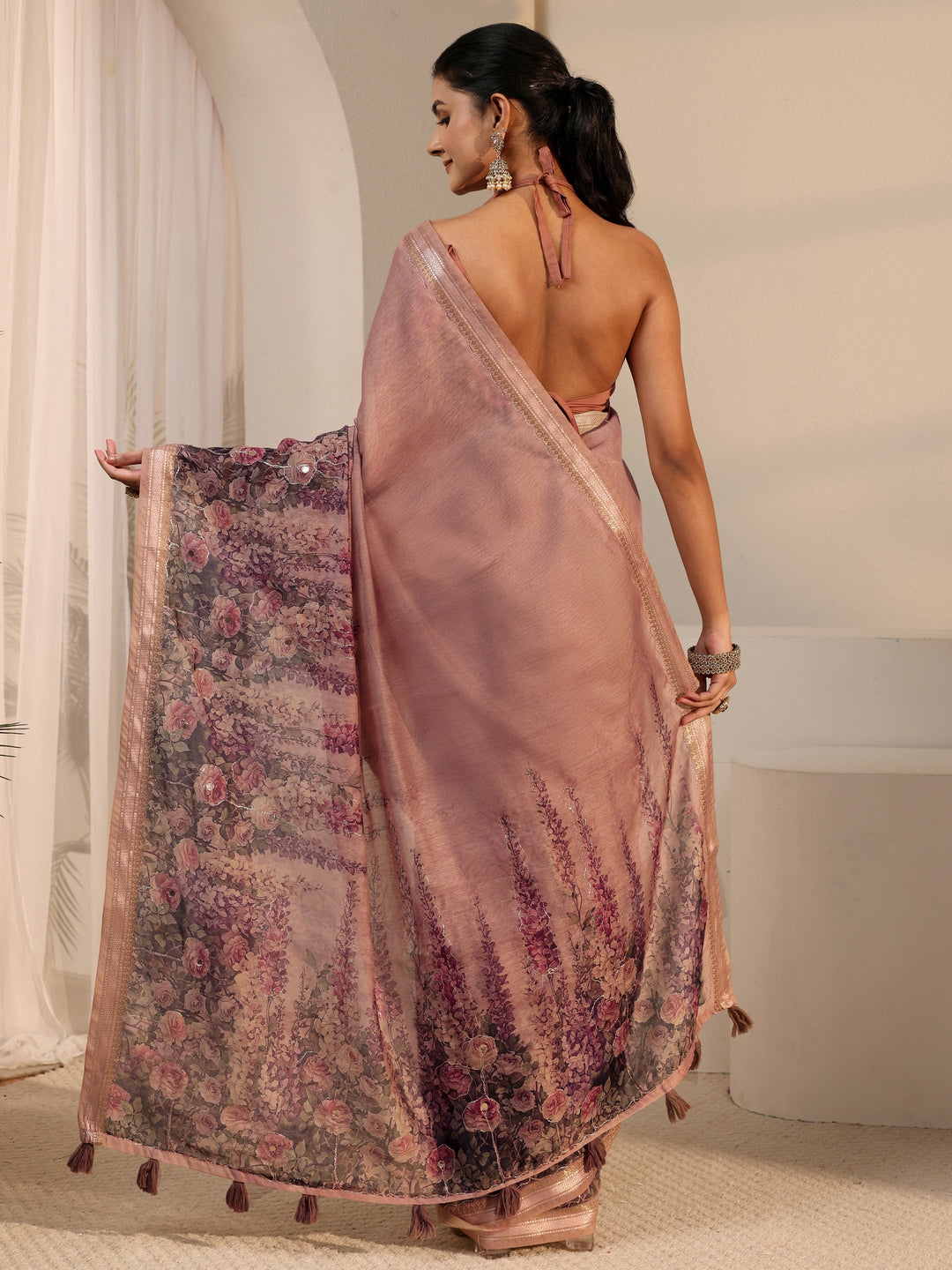  Libas Mauve Floral Printed Cotton Blend Tassel Saree 