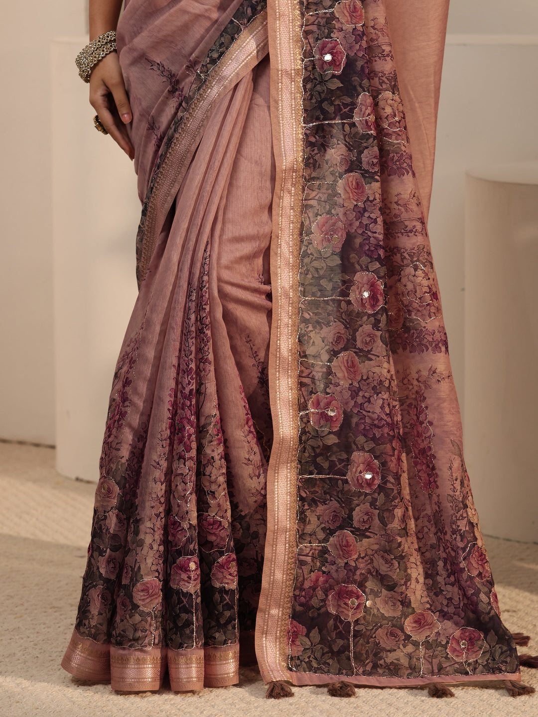  Libas Mauve Floral Printed Cotton Blend Tassel Saree 