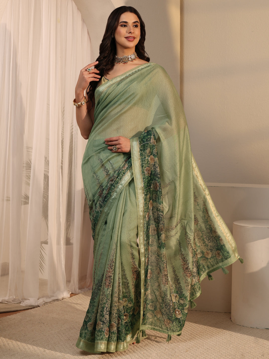  Libas Green Floral Printed Cotton Blend Tassel Saree 