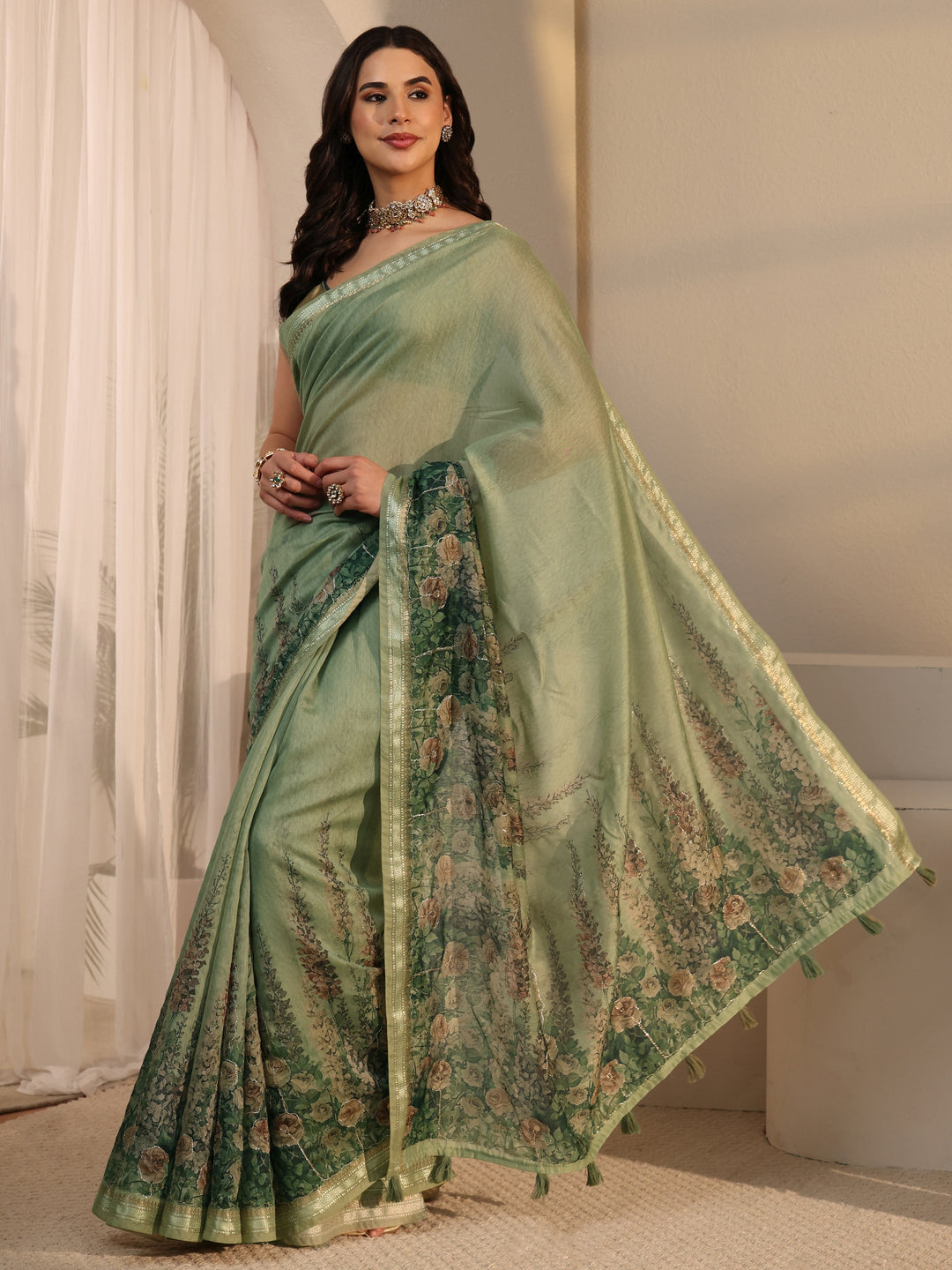  Libas Green Floral Printed Cotton Blend Tassel Saree 
