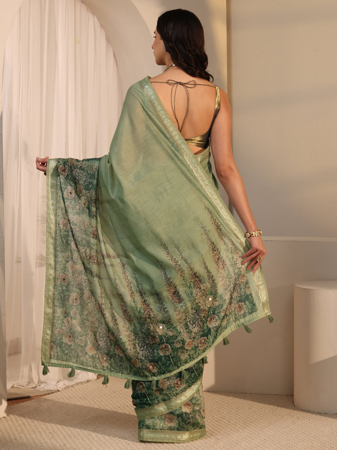  Libas Green Floral Printed Cotton Blend Tassel Saree 