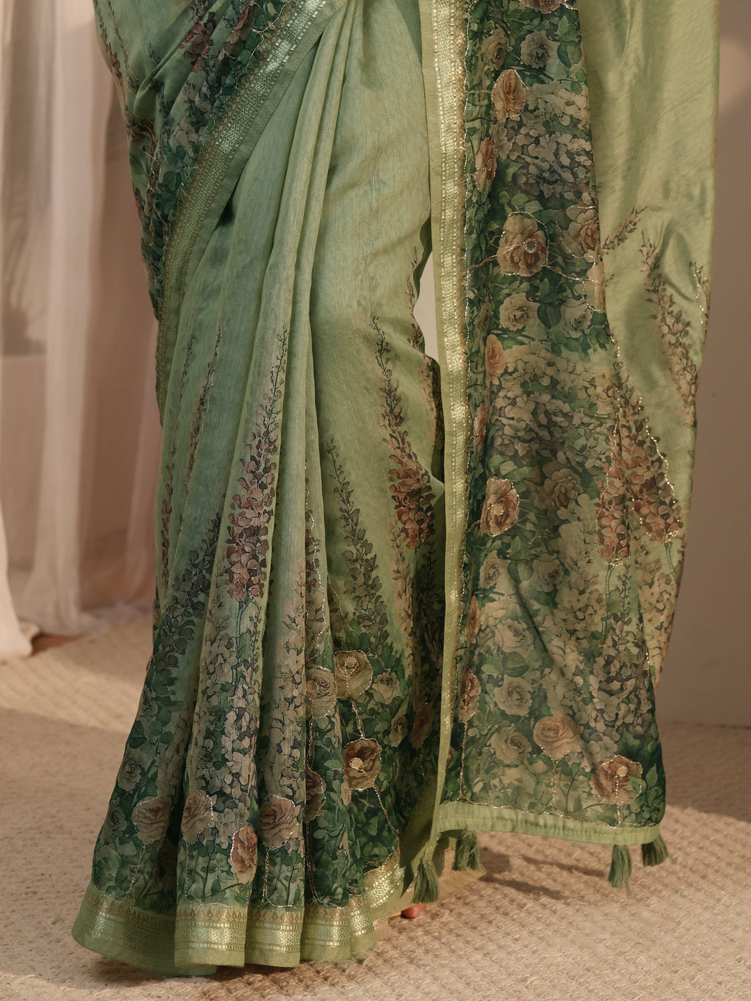  Libas Green Floral Printed Cotton Blend Tassel Saree 