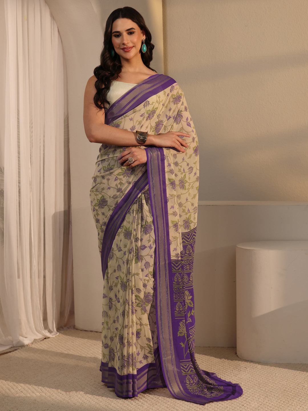  Libas Beige Floral Printed Silk Blend Saree 