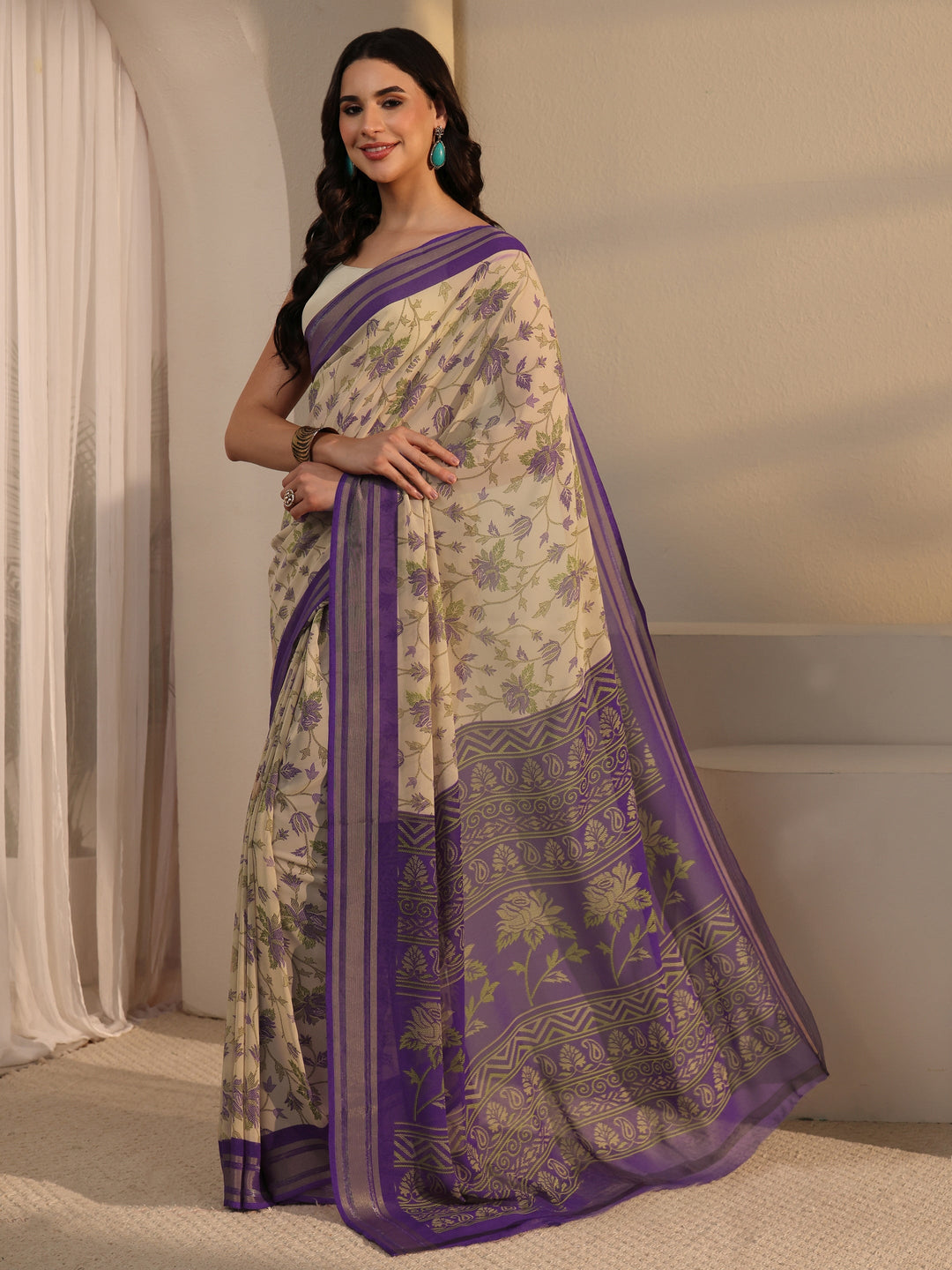  Libas Beige Floral Printed Silk Blend Saree 