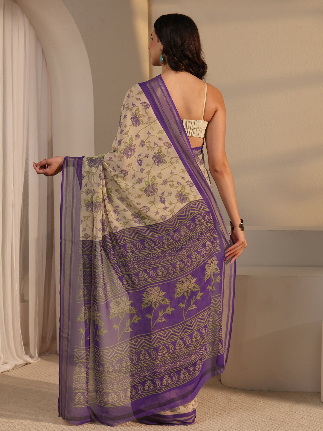  Libas Beige Floral Printed Silk Blend Saree 