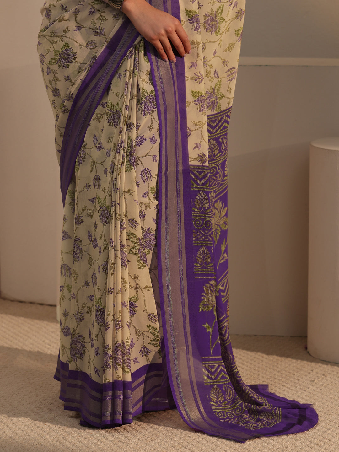  Libas Beige Floral Printed Silk Blend Saree 