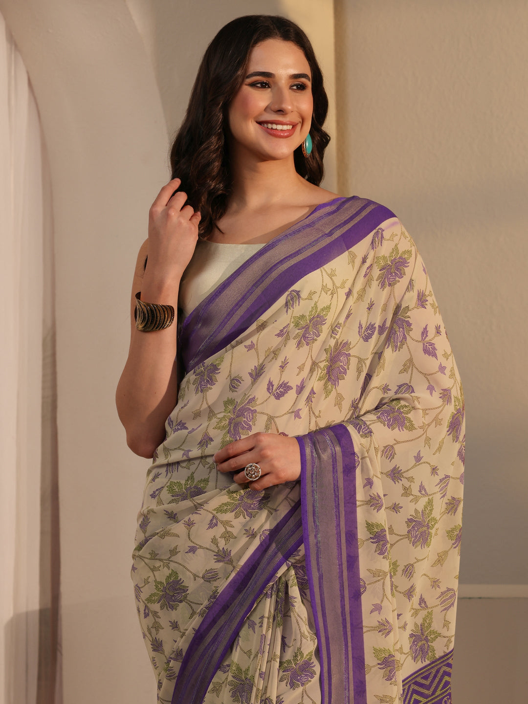  Libas Beige Floral Printed Silk Blend Saree 