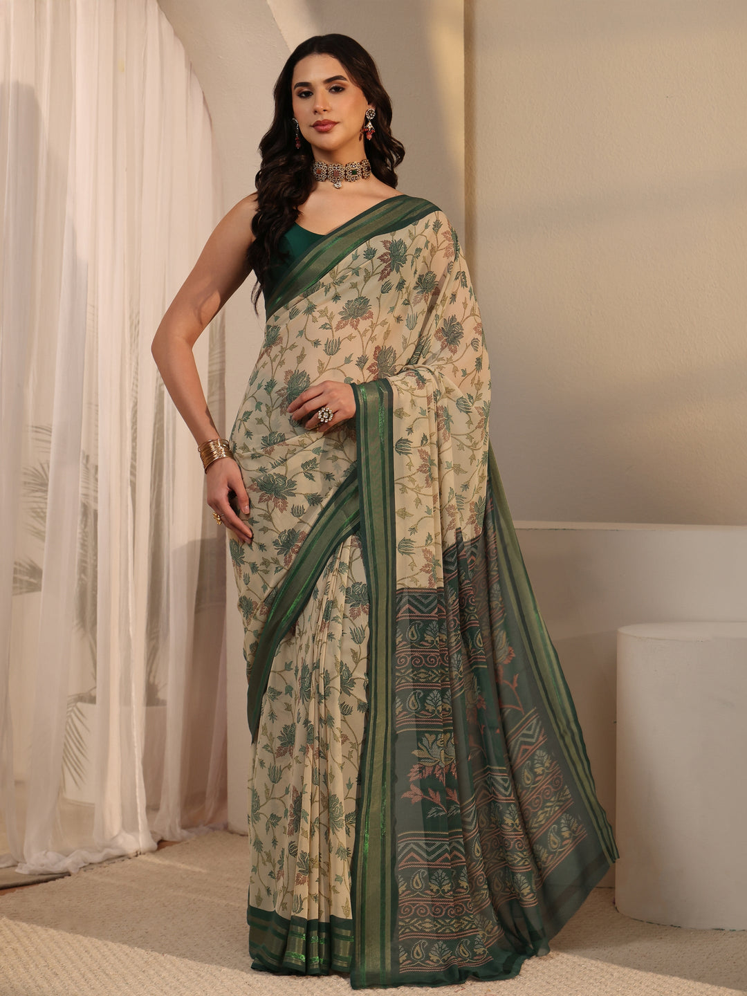  Libas Beige Floral Printed Silk Blend Saree 