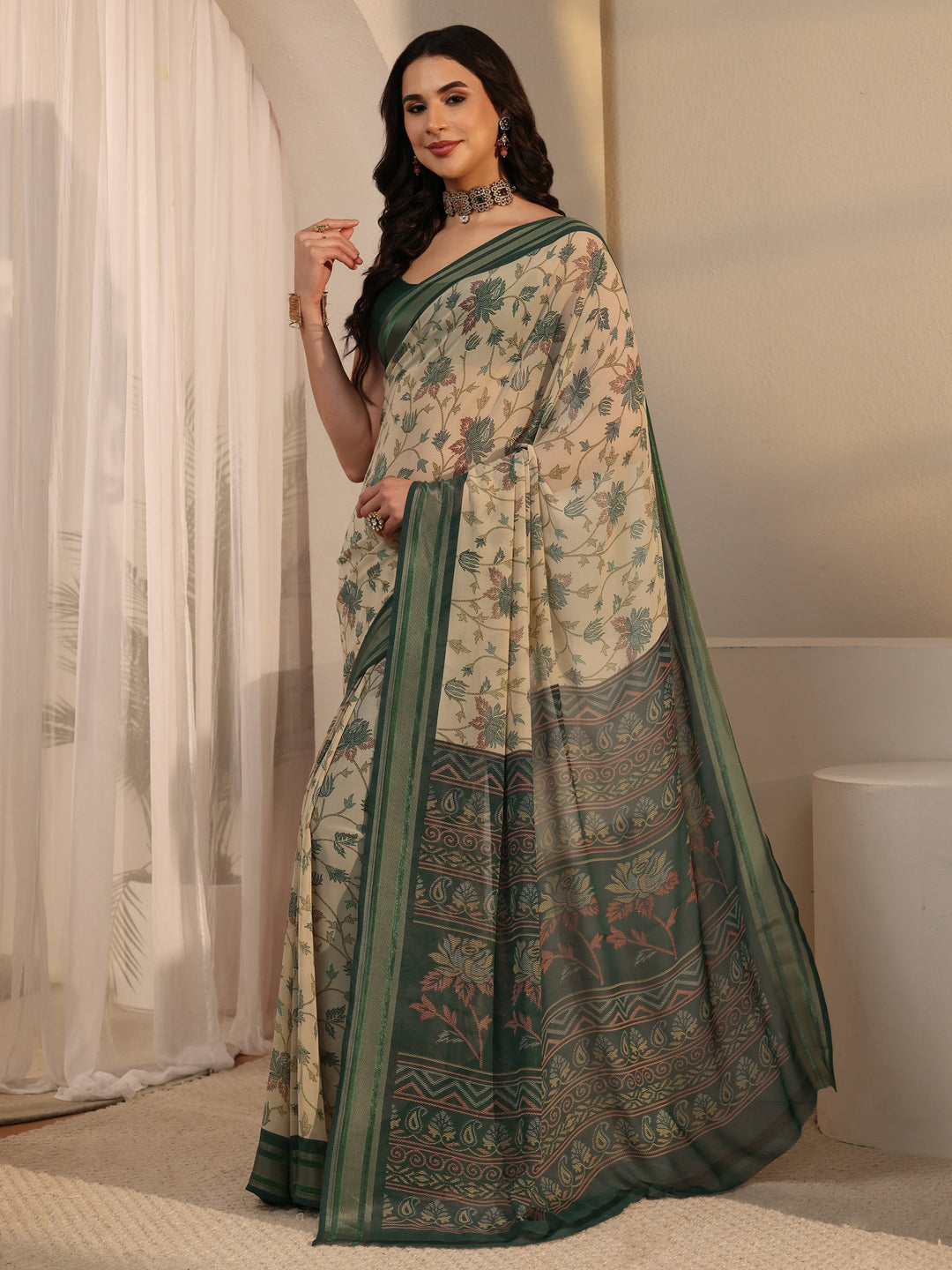  Libas Beige Floral Printed Silk Blend Saree 