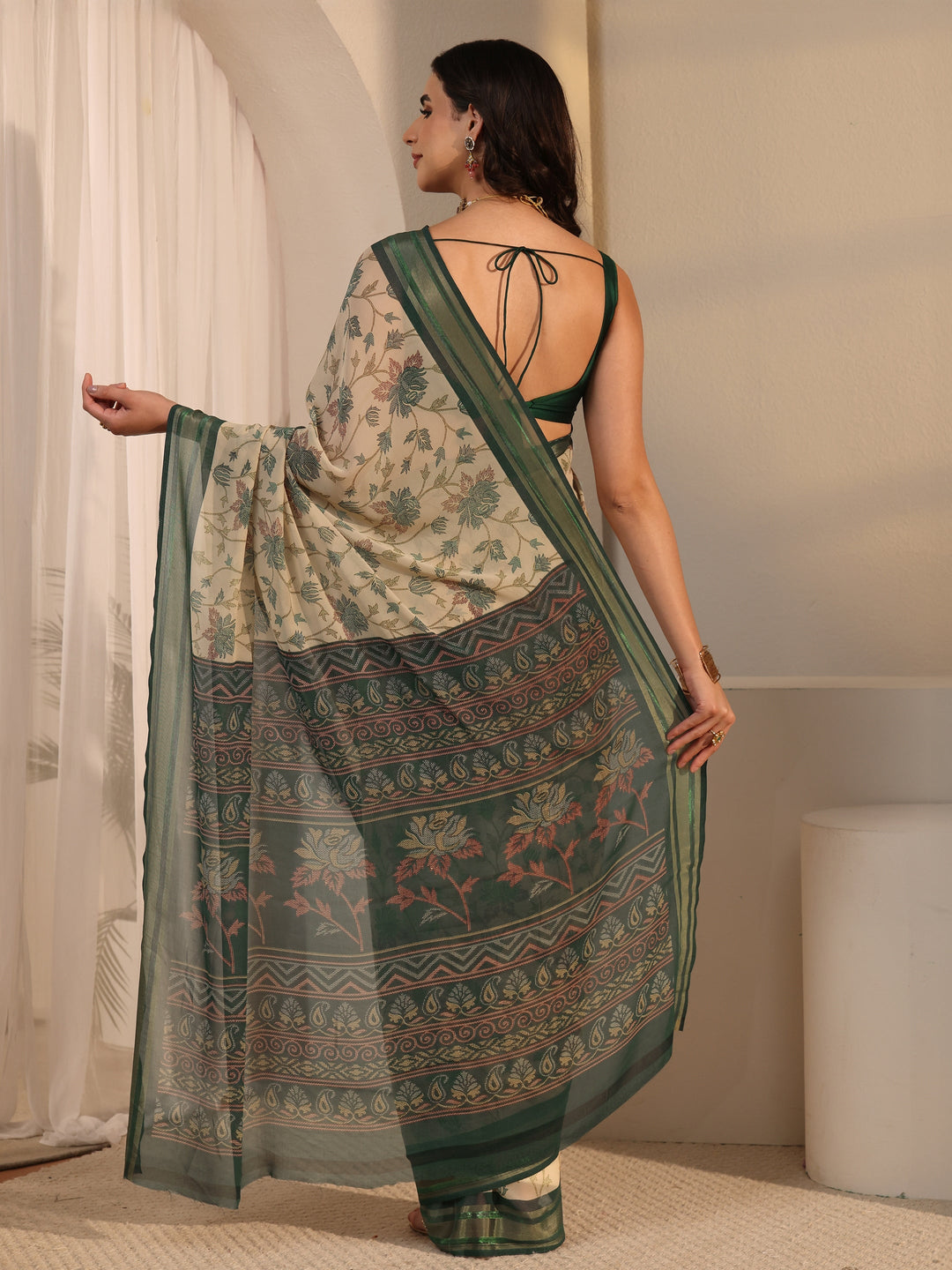  Libas Beige Floral Printed Silk Blend Saree 