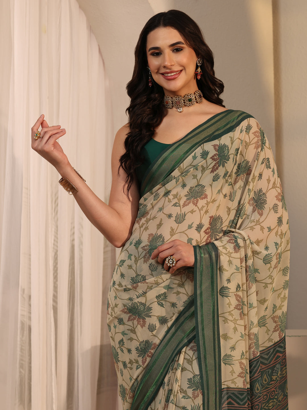  Libas Beige Floral Printed Silk Blend Saree 