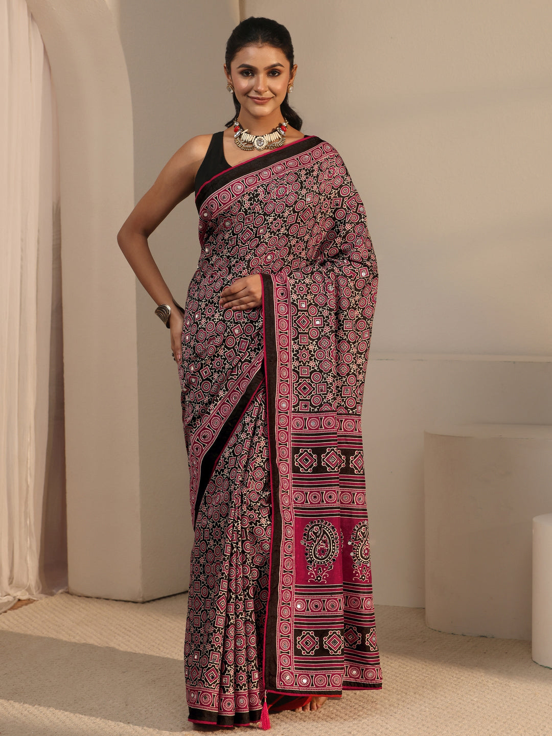  Libas Black Ajrakh Printed Silk Blend Saree 