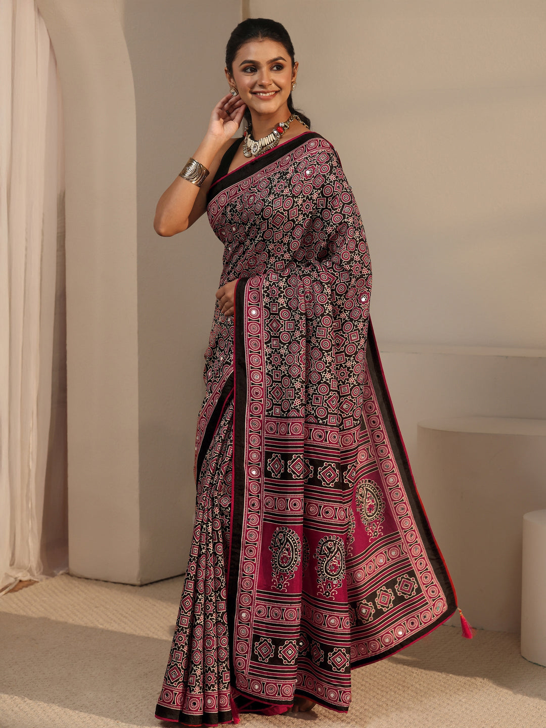  Libas Black Ajrakh Printed Silk Blend Saree 