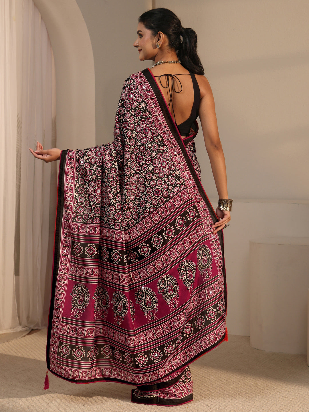  Libas Black Ajrakh Printed Silk Blend Saree 