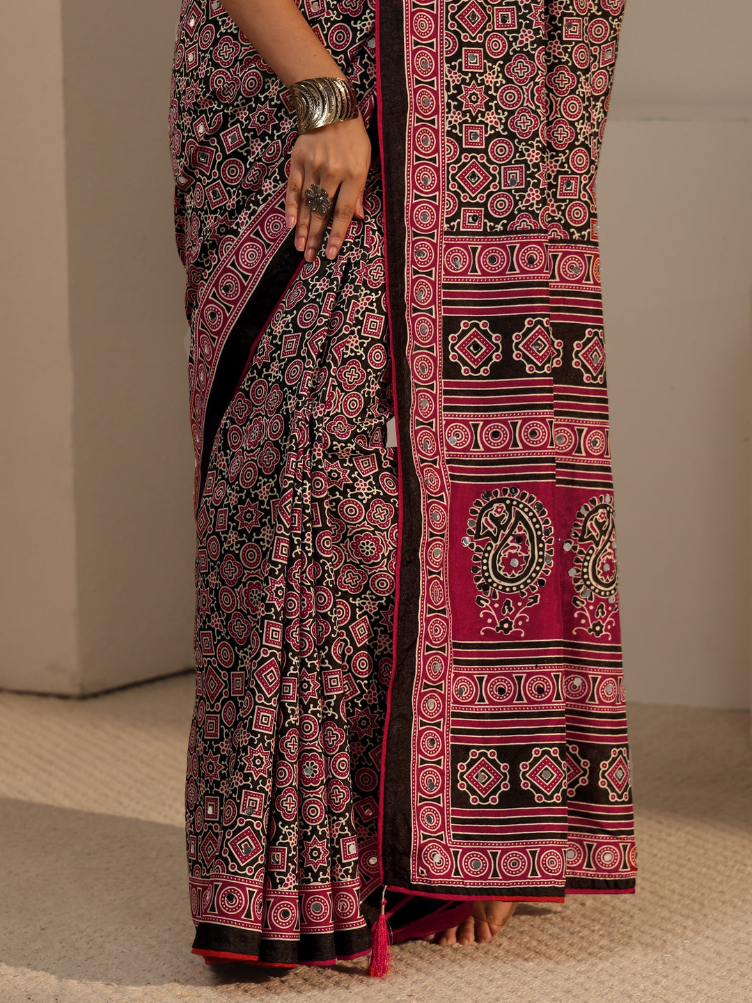  Libas Black Ajrakh Printed Silk Blend Saree 