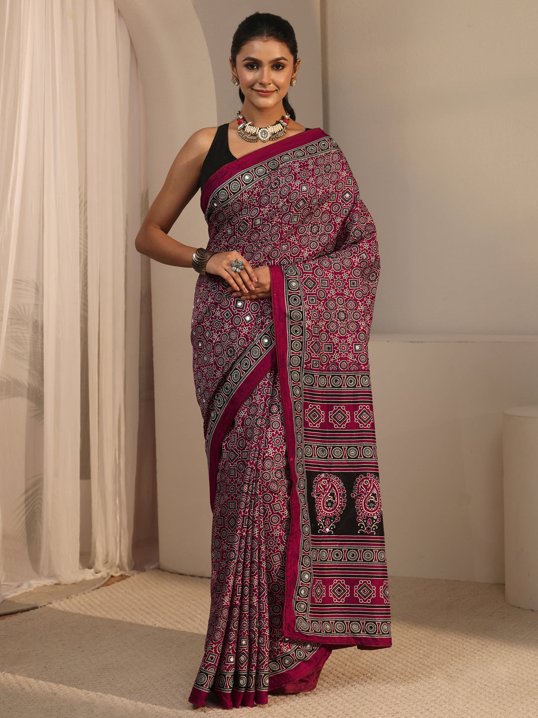  Libas Maroon Ajrakh Printed Silk Blend Saree 
