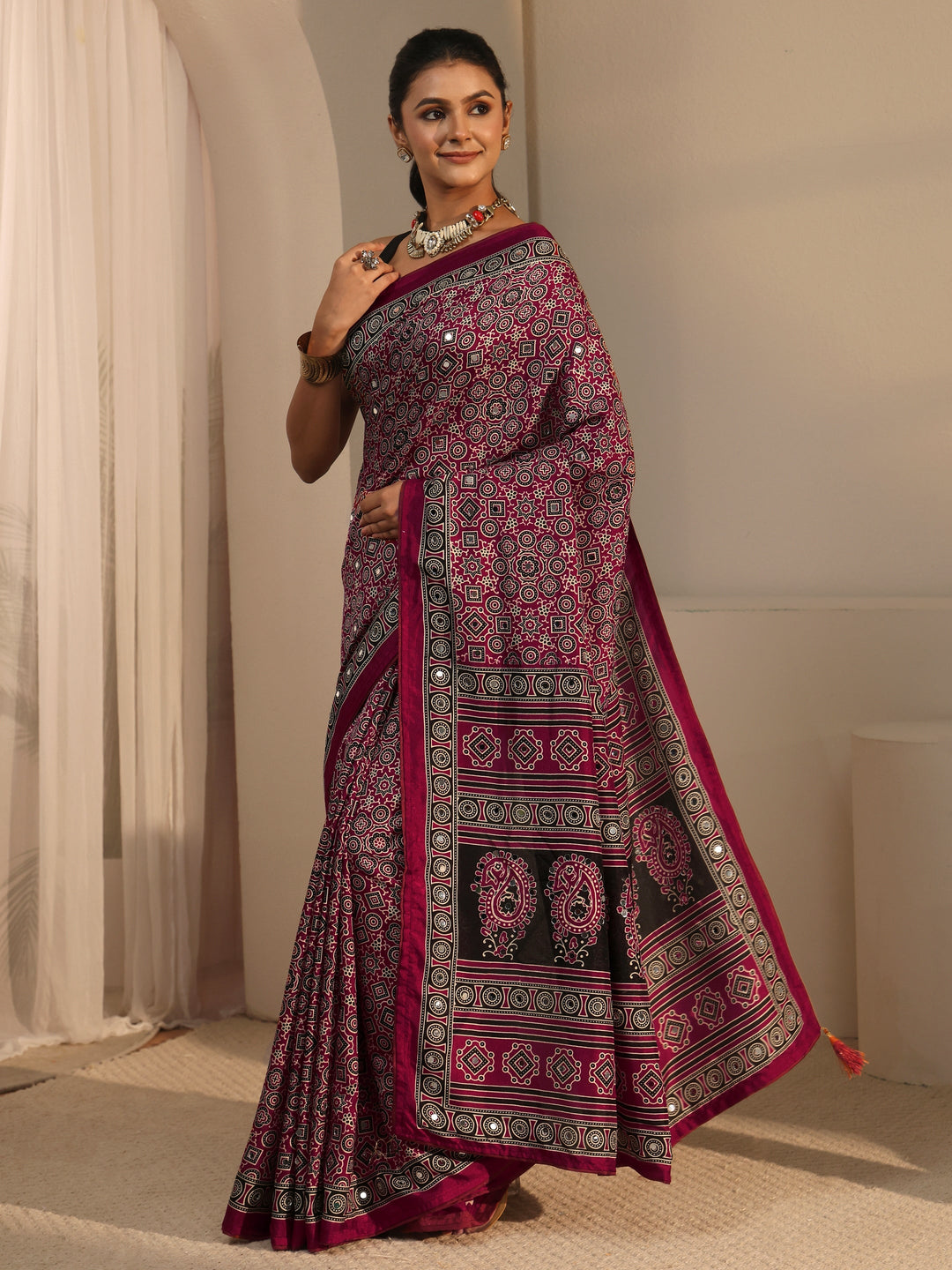  Libas Maroon Ajrakh Printed Silk Blend Saree 