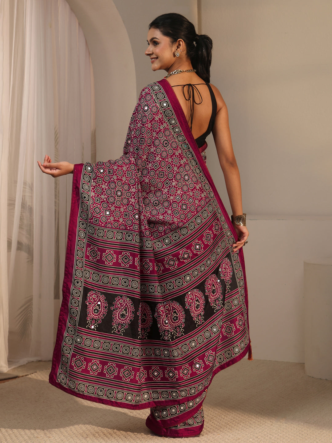 Libas Maroon Ajrakh Printed Silk Blend Saree 