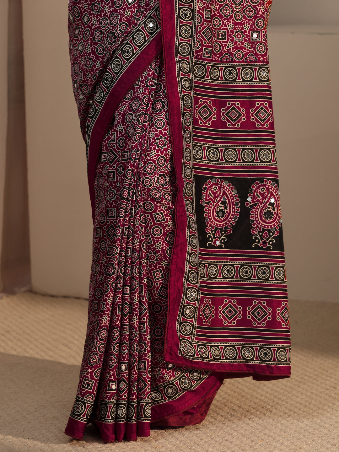  Libas Maroon Ajrakh Printed Silk Blend Saree 
