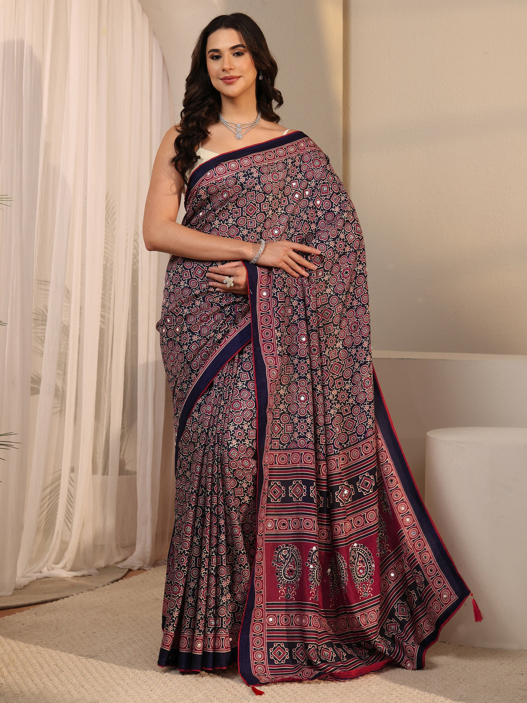  Libas Blue Ajrakh Printed Silk Blend Saree 