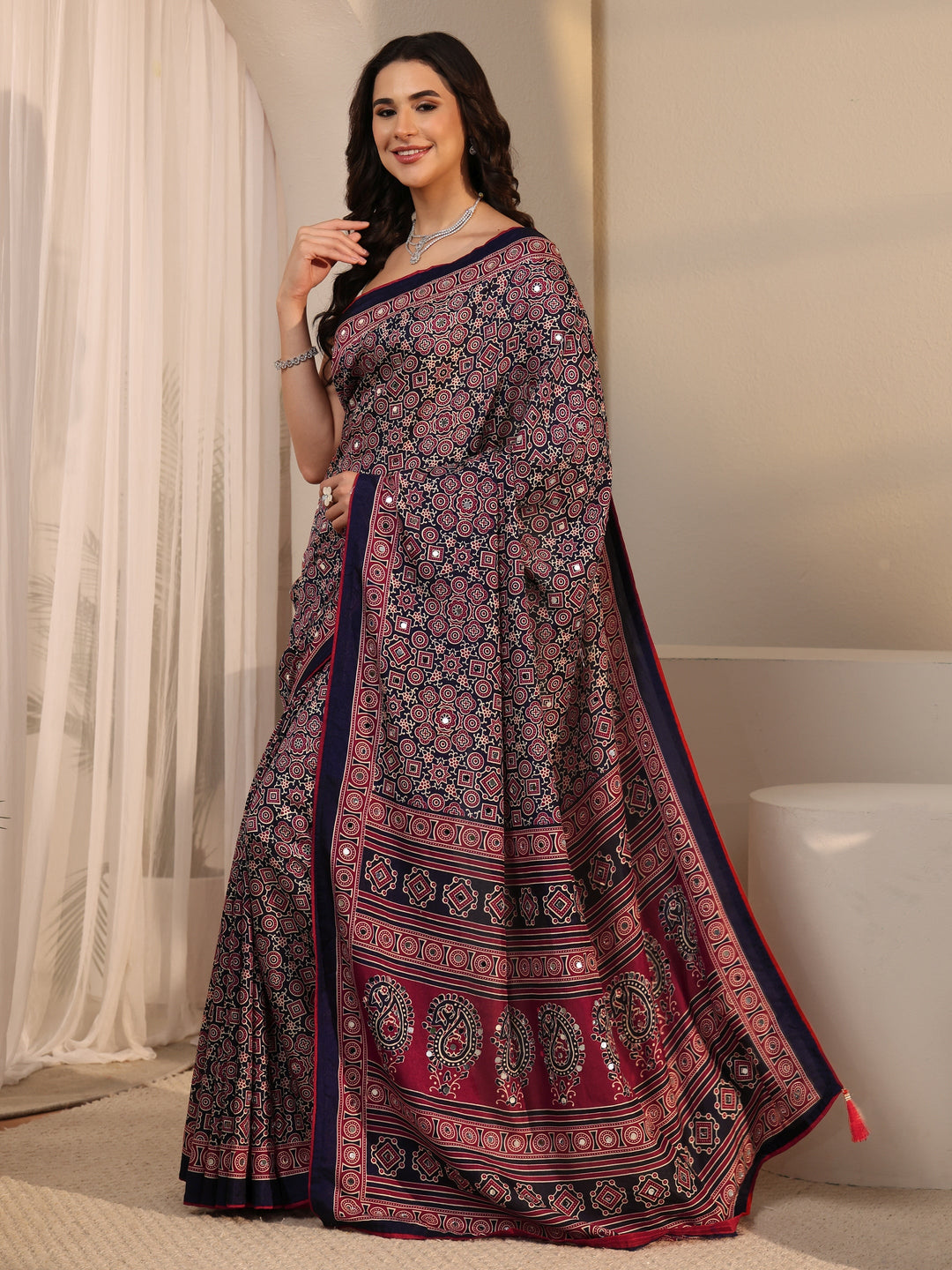  Libas Blue Ajrakh Printed Silk Blend Saree 