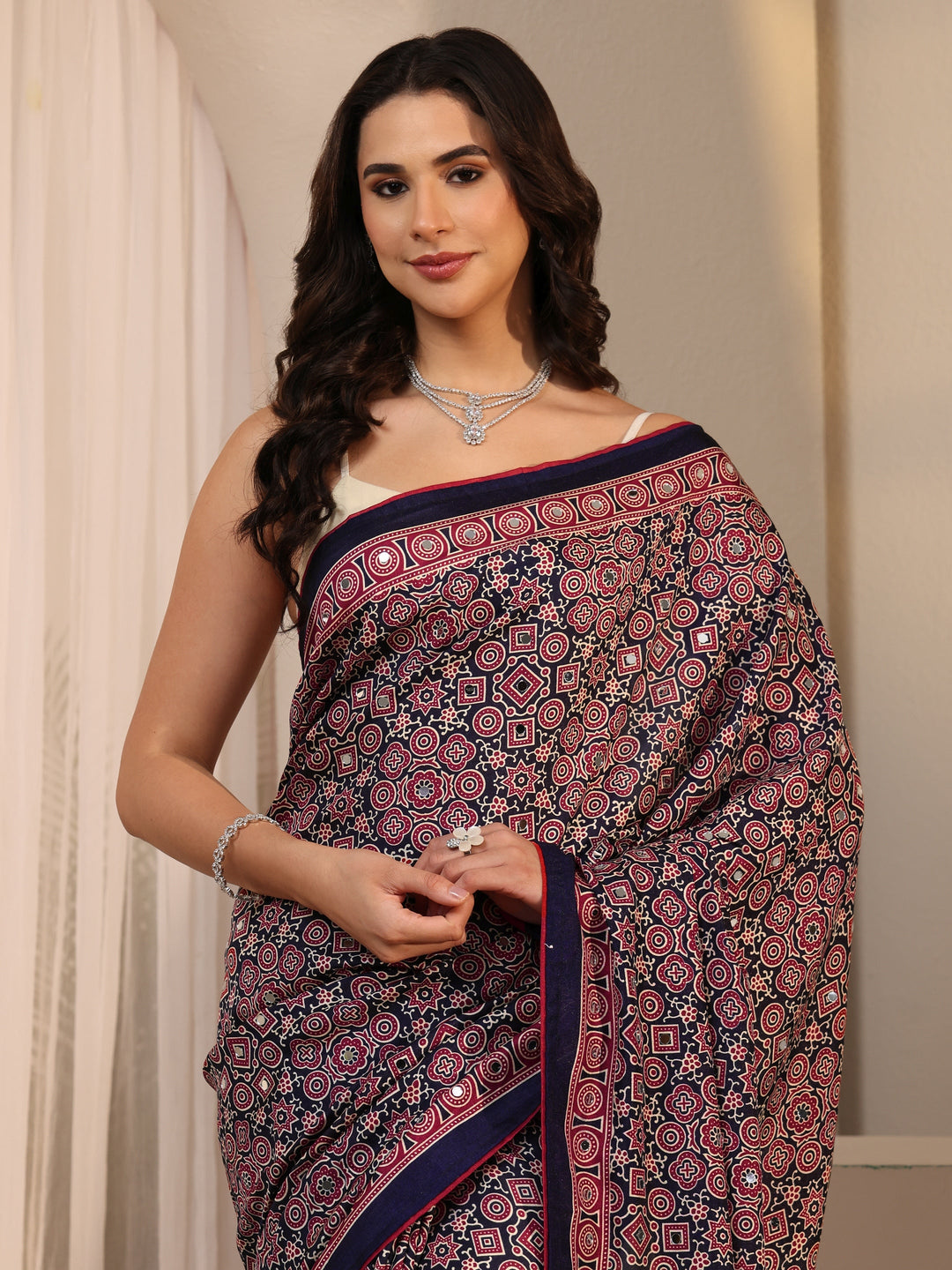  Libas Blue Ajrakh Printed Silk Blend Saree 