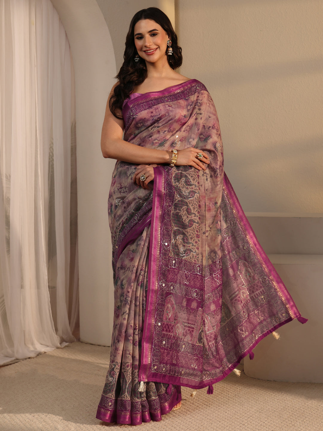  Libas Pink Floral Printed Cotton Blend Saree 