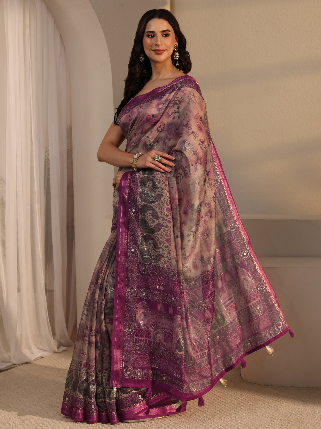  Libas Pink Floral Printed Cotton Blend Saree 