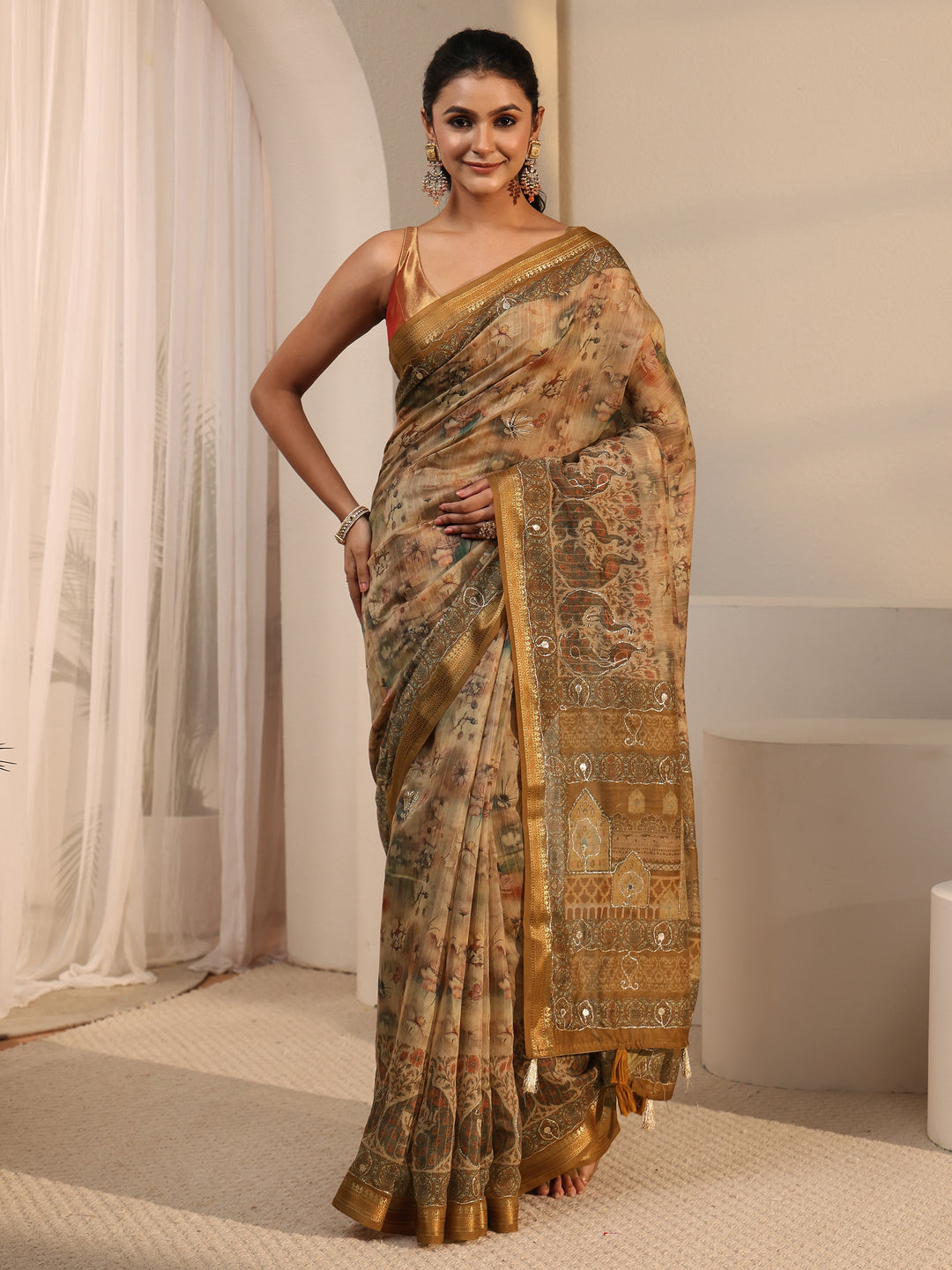  Libas Mustard Floral Printed Cotton Blend Saree 