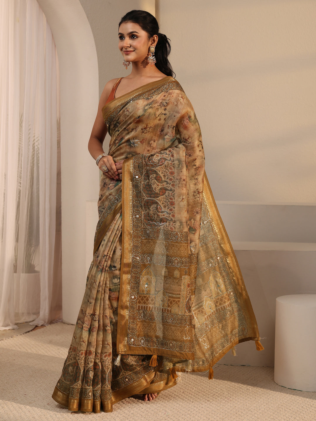  Libas Mustard Floral Printed Cotton Blend Saree 