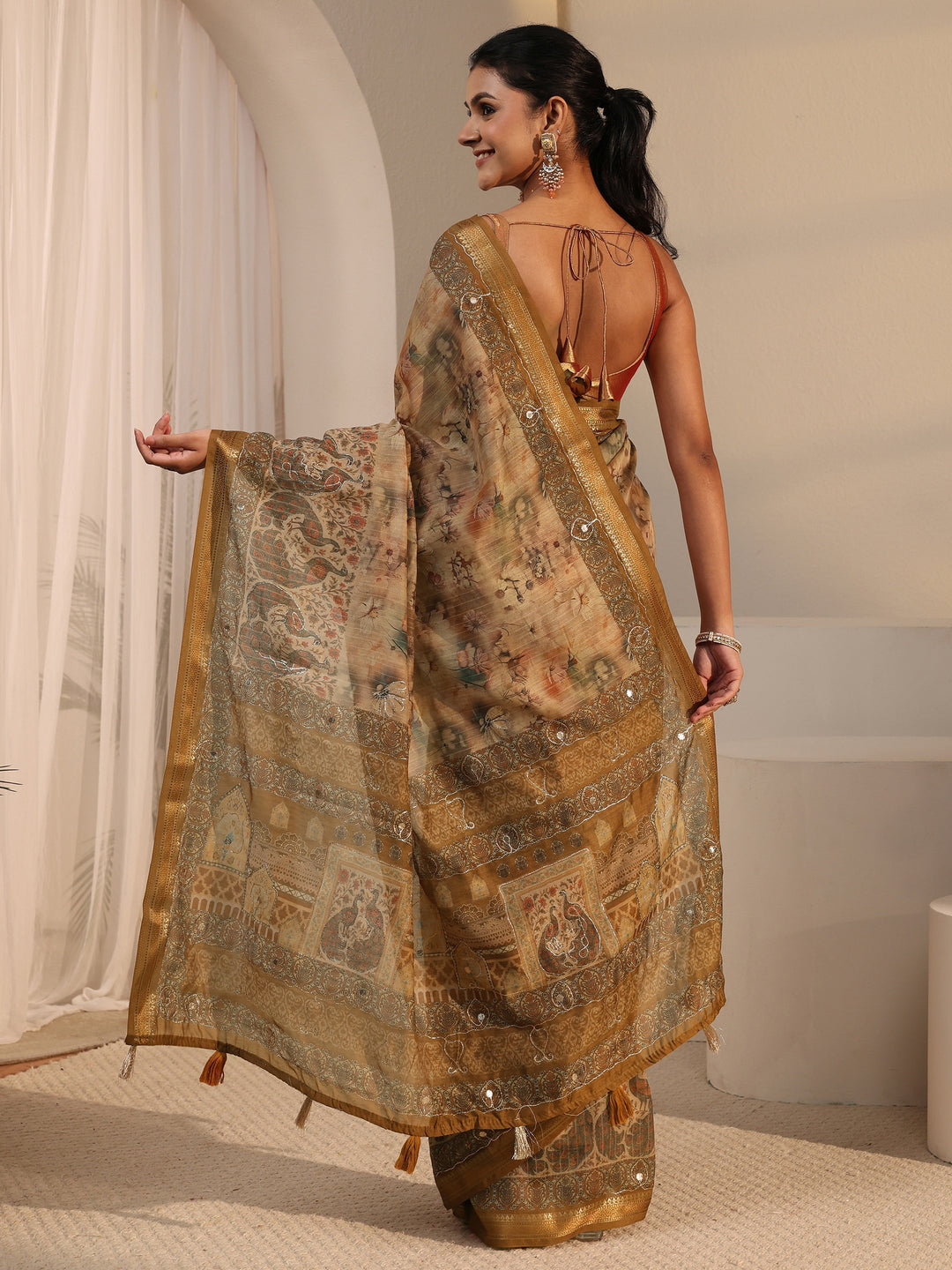  Libas Mustard Floral Printed Cotton Blend Saree 