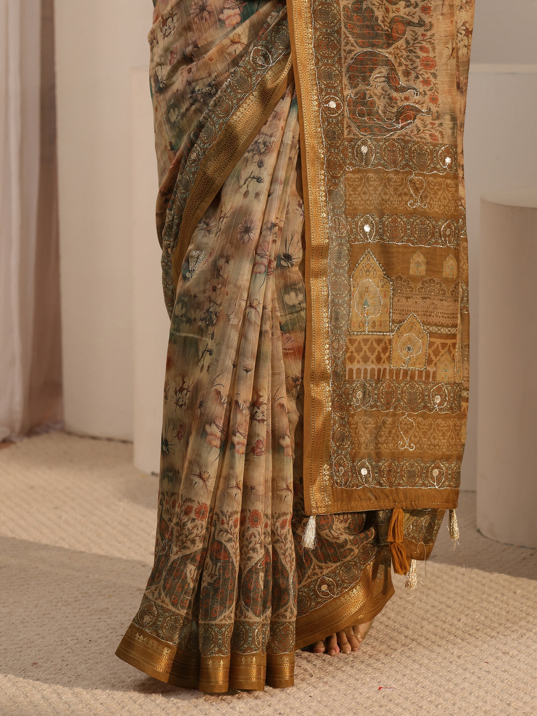  Libas Mustard Floral Printed Cotton Blend Saree 