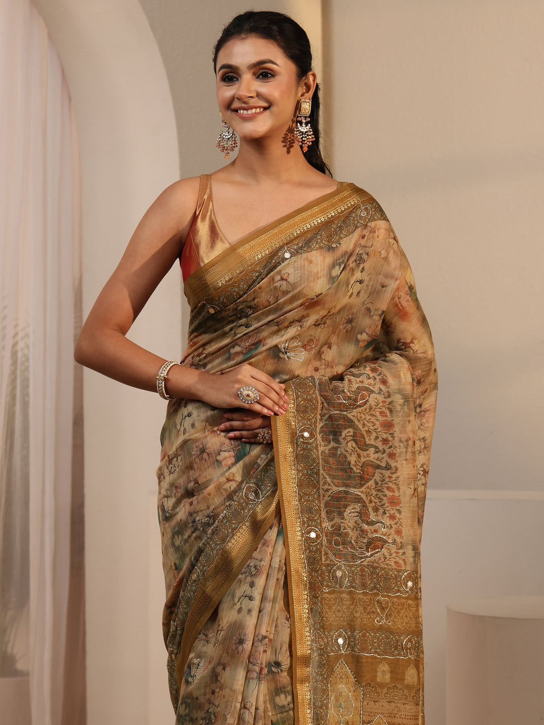  Libas Mustard Floral Printed Cotton Blend Saree 