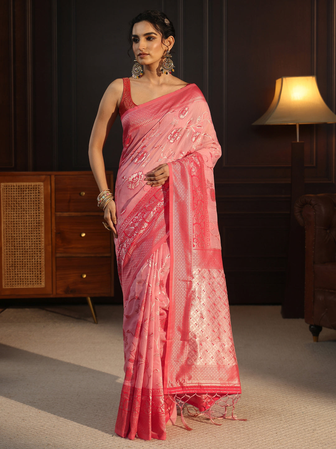  Libas Pink Floral Woven Design Cotton Blend Tassel Saree 