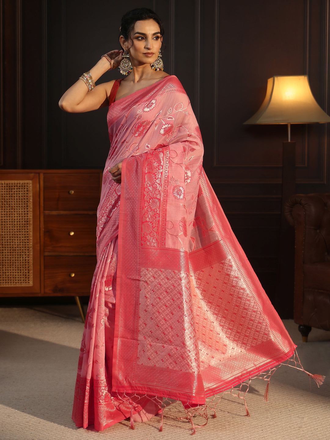  Libas Pink Floral Woven Design Cotton Blend Tassel Saree 