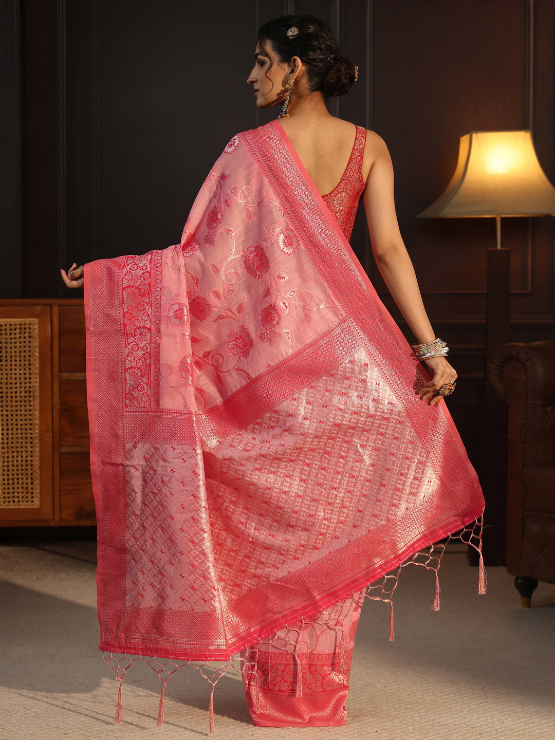 Libas Pink Floral Woven Design Cotton Blend Tassel Saree 