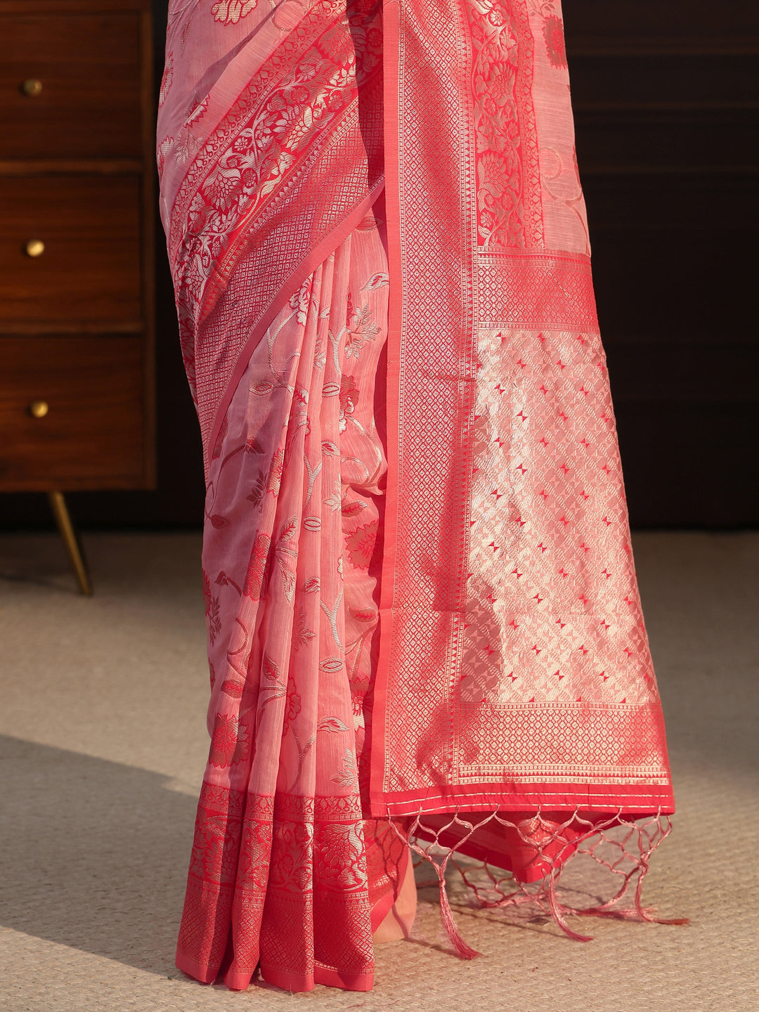  Libas Pink Floral Woven Design Cotton Blend Tassel Saree 