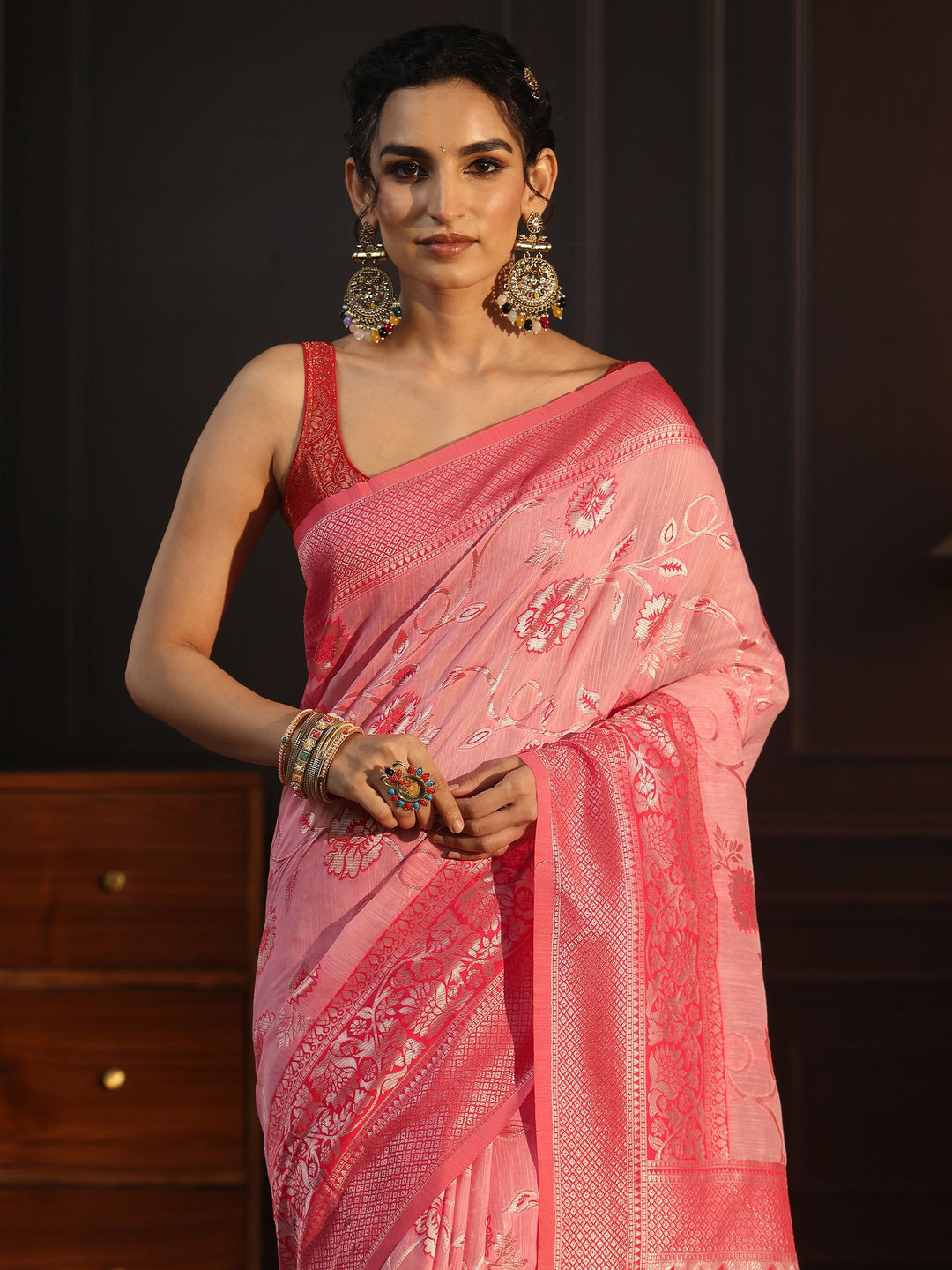  Libas Pink Floral Woven Design Cotton Blend Tassel Saree 