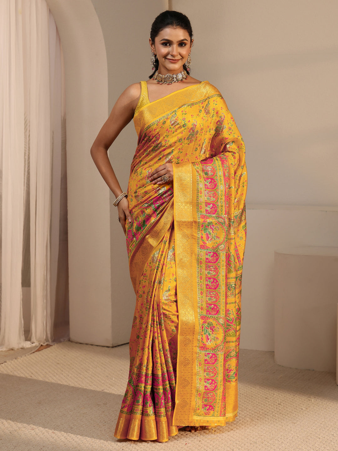  Libas Mustard Floral Printed Silk Blend Saree 
