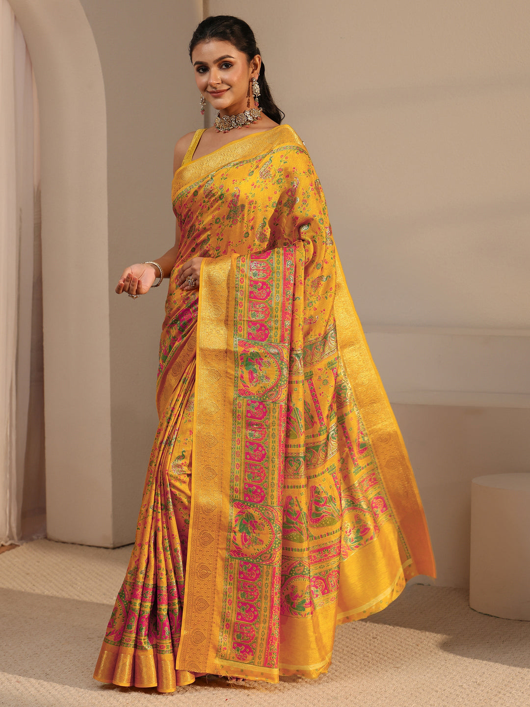  Libas Mustard Floral Printed Silk Blend Saree 