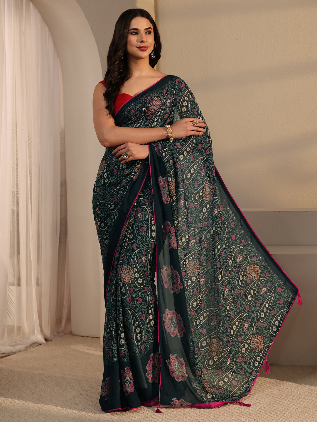  Libas Teal Green Paisley Printed Georgette Saree 