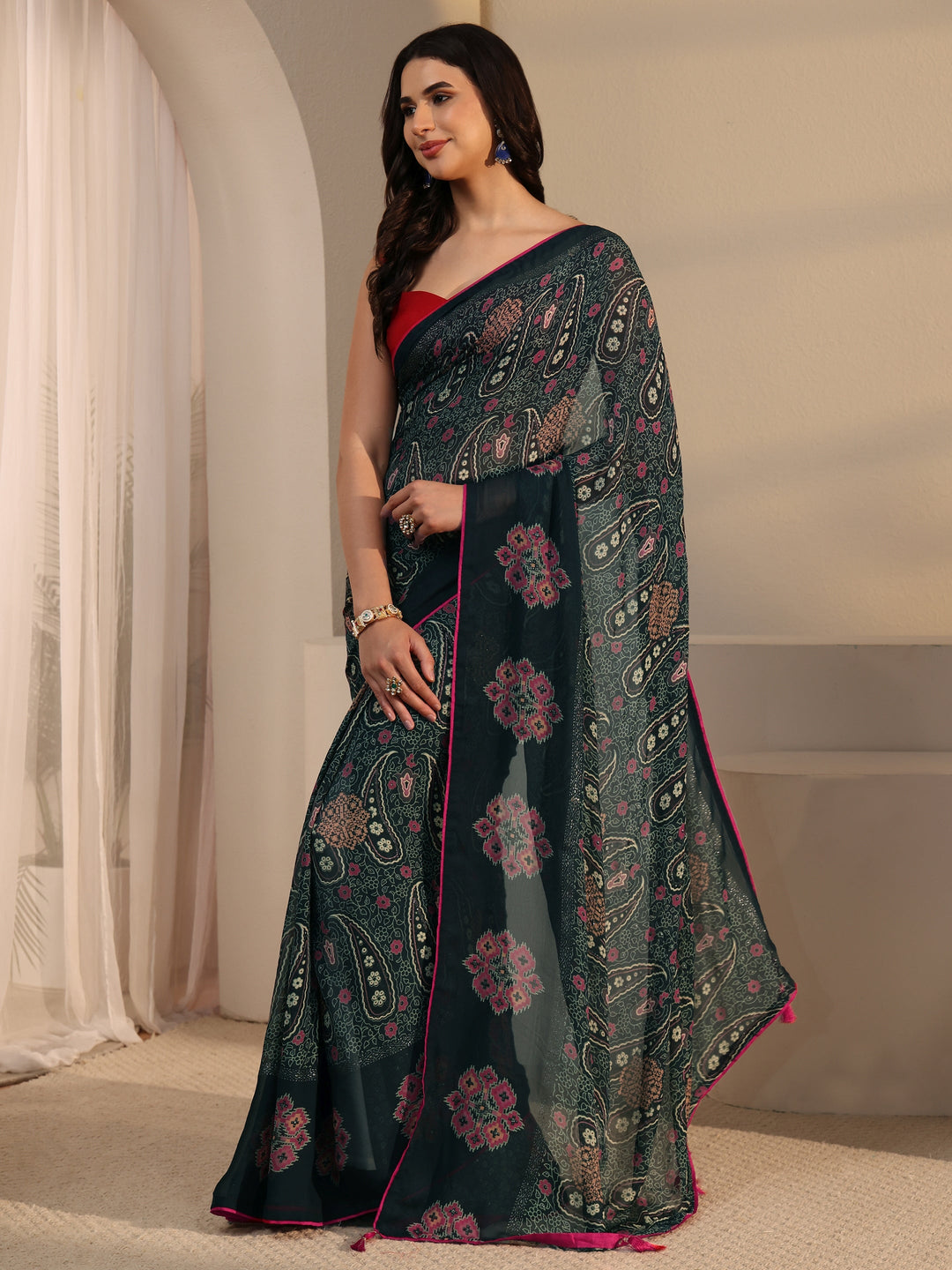  Libas Teal Green Paisley Printed Georgette Saree 