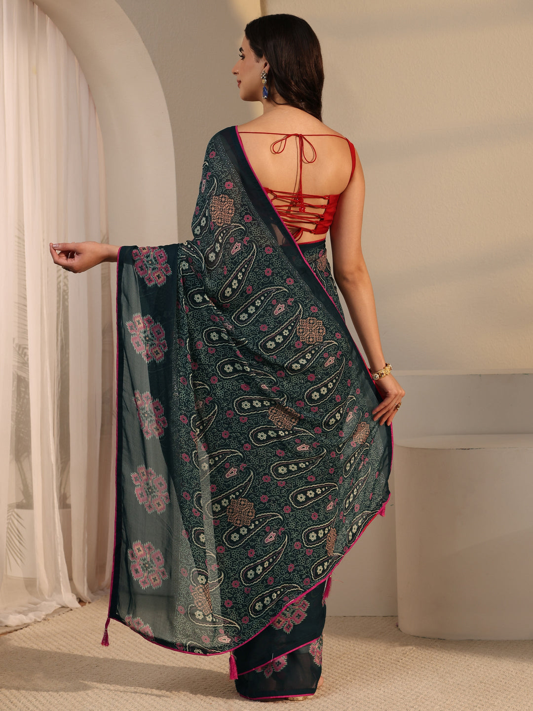  Libas Teal Green Paisley Printed Georgette Saree 