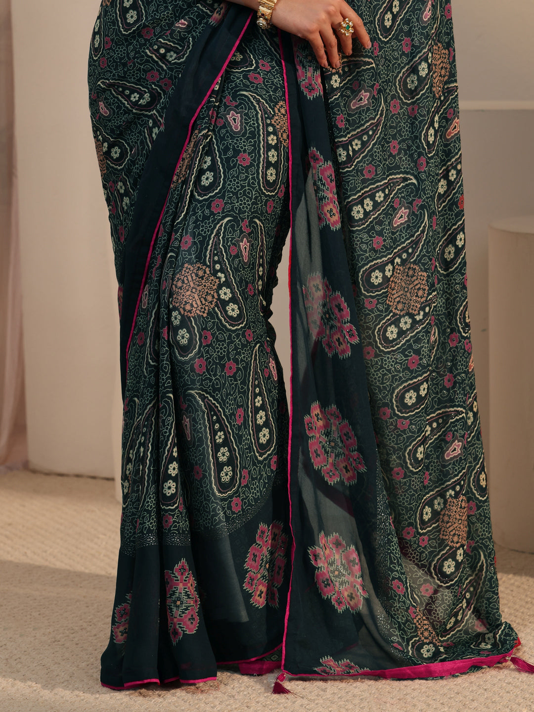  Libas Teal Green Paisley Printed Georgette Saree 