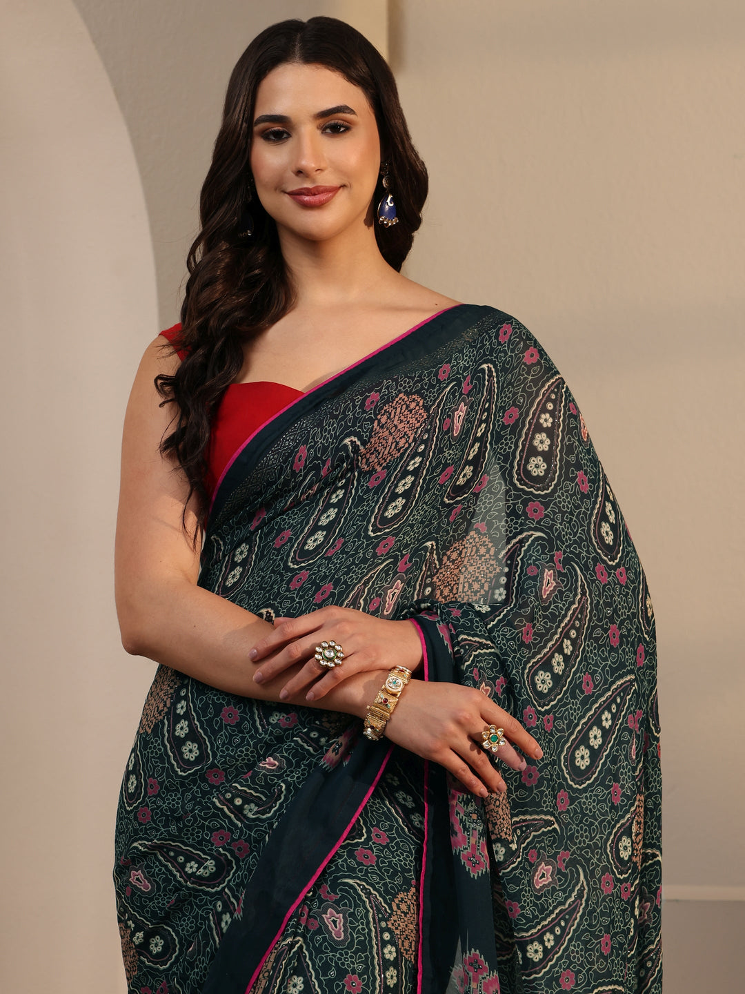  Libas Teal Green Paisley Printed Georgette Saree 