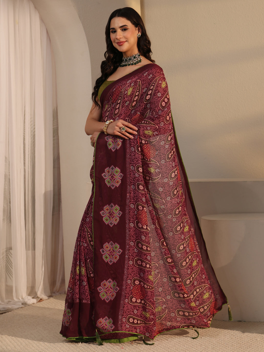  Libas Maroon Paisley Printed Georgette Saree 