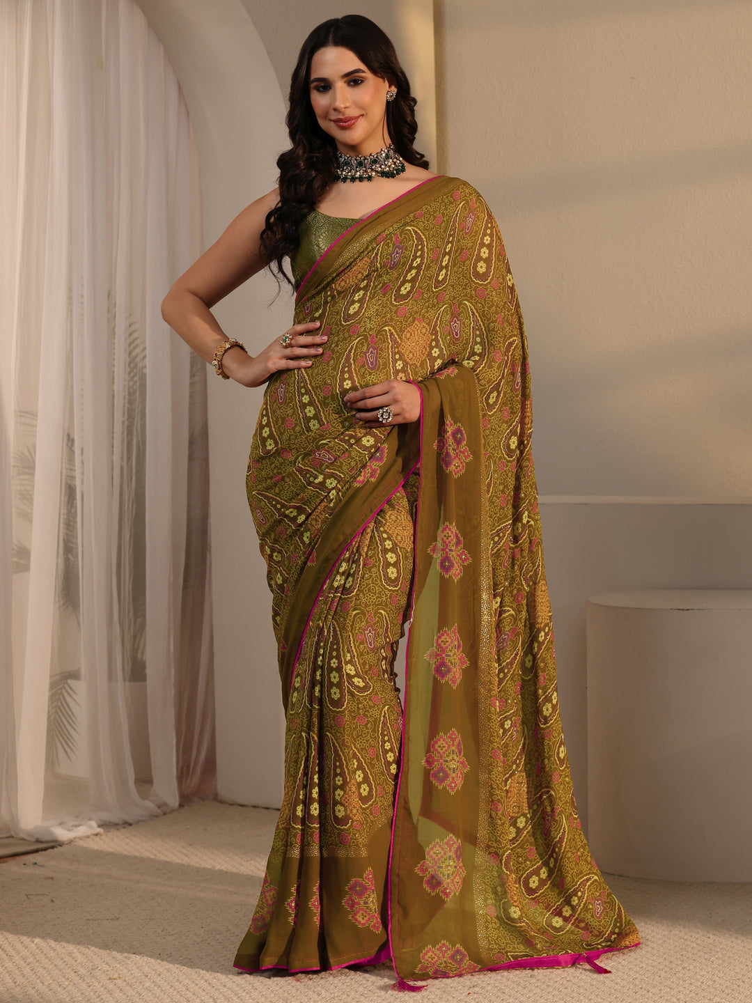  Libas Olive Green Paisley Printed Georgette Saree 