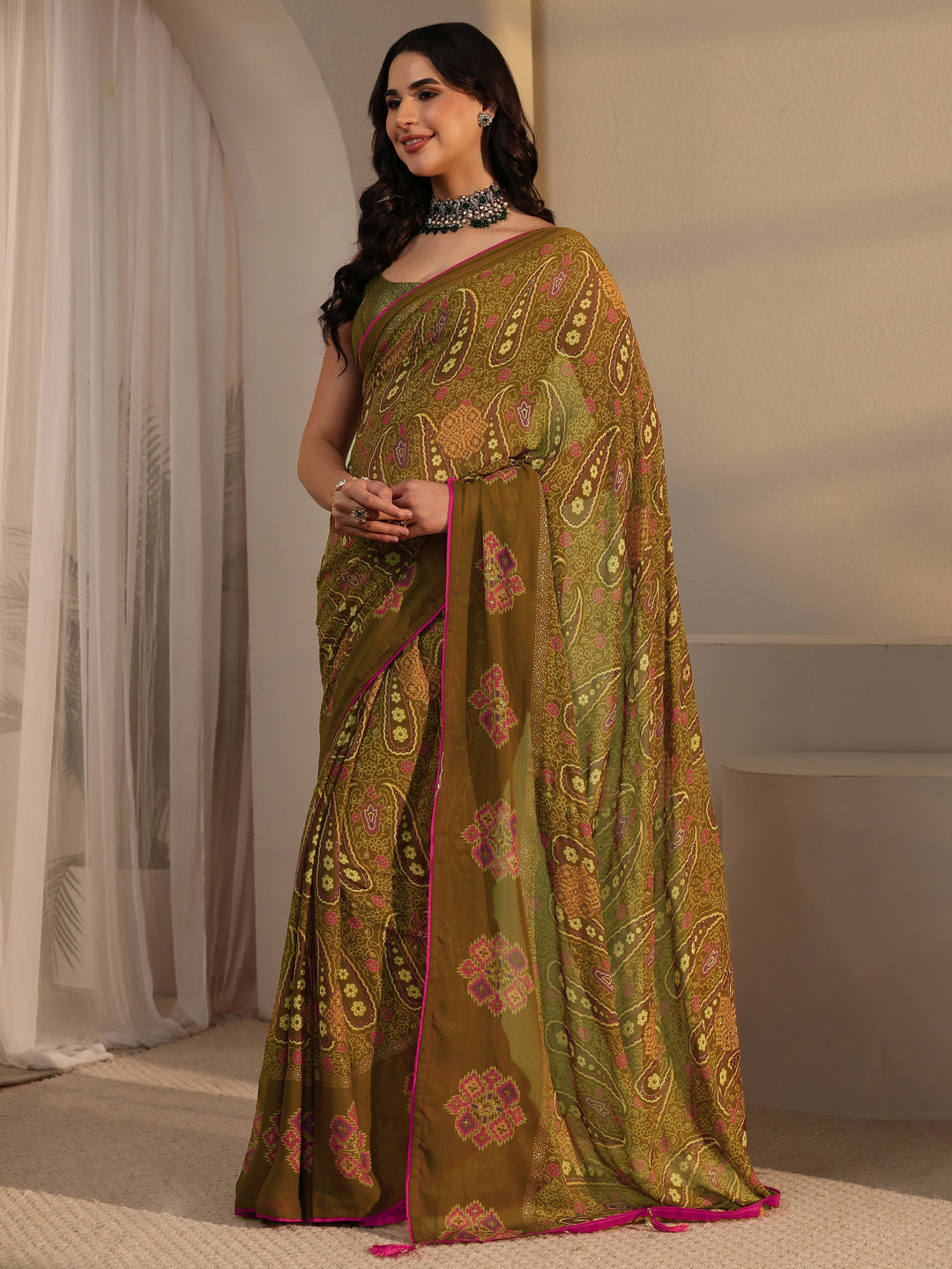  Libas Olive Green Paisley Printed Georgette Saree 